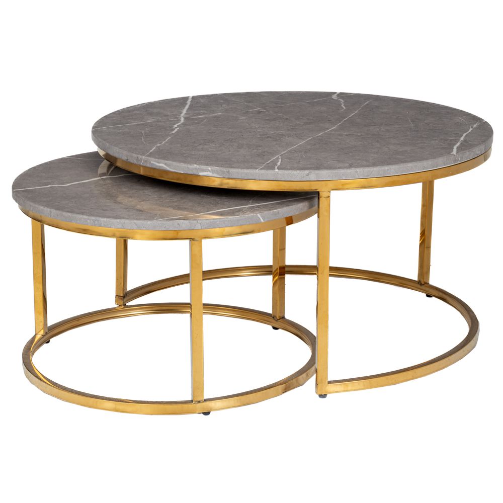 88513 ΣΕΤ 2 ΧΡΥΣΟ ΜΕΤΑΛΛΙΚΟ ΣΤΡΟΓΓΥΛΟ ΤΡΑΠΕΖΙ ΜΕ ΓΚΡΙ ΕΠΙΦΑΝΕΙΑ ΜΕ ΕΦΕ ΜΑΡΜΑΡΟΥ Φ80Χ42,5 Φ60Χ36,5ΕΚ - Image 1