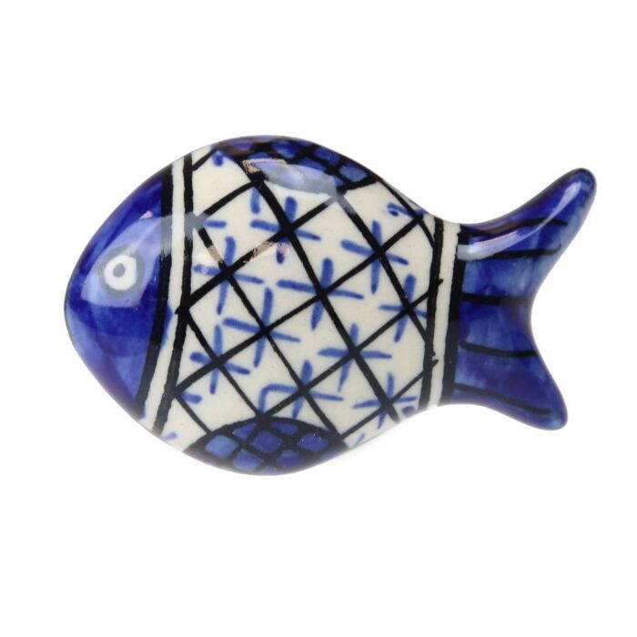 Πόμολο κεραμικό Ψάρι 5x3,5εκ.- Μπλε καρέ - Image 2