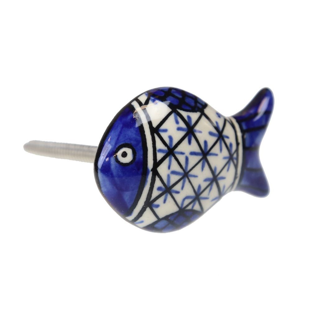IND-69 Πόμολο κεραμικό Ψάρι 5x3,5εκ.- Μπλε καρέ - Image 1