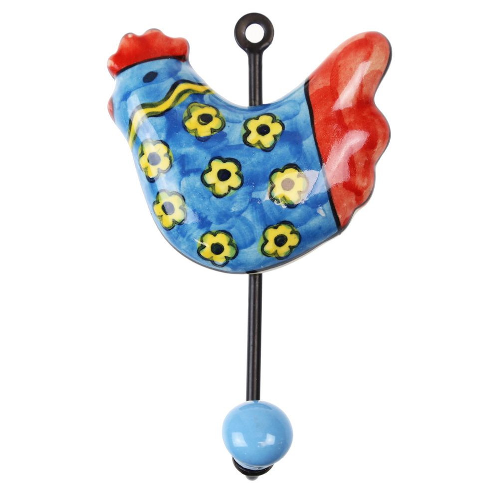 INNN-15 Γάντζος κεραμικός Κόκορας 10x15εκ.- Μπλε λουλούδια - Image 1