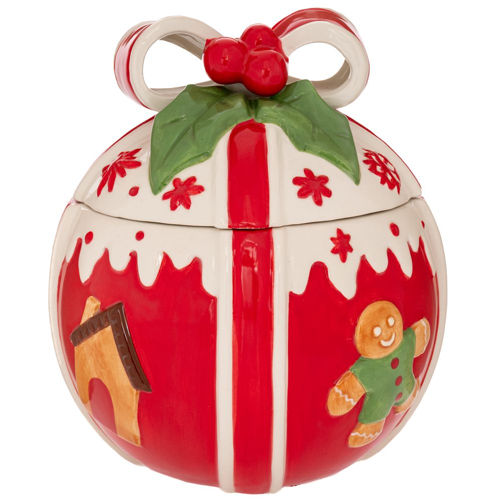 90946 ΚΟΚΚΙΝΗ ΛΕΥΚΗ ΣΤΡΟΓΓΥΛΗ ΚΕΡΑΜΙΚΗ ΜΠΙΣΚΟΤΙΕΡΑ ΜΕ GINGERBREAD 19Χ19Χ23ΕΚ - Image 1