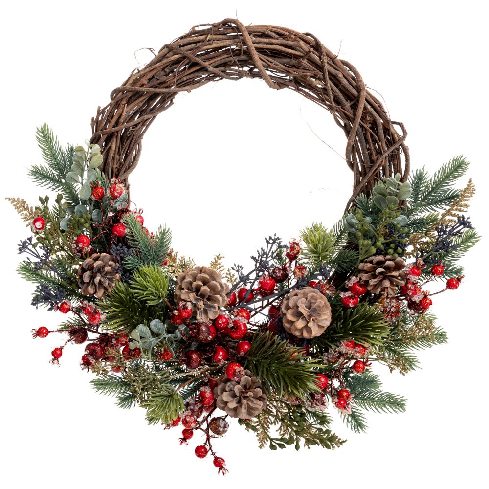 91059 ΠΑΓΩΜΕΝΟ ΠΡΑΣΙΝΟ ΣΤΕΦΑΝΙ ΜΕ ΚΟΚΚΙΝΑ BERRIES ΚΑΙ ΚΟΥΚΟΥΝΑΡΙΑ Φ50ΕΚ - Image 1