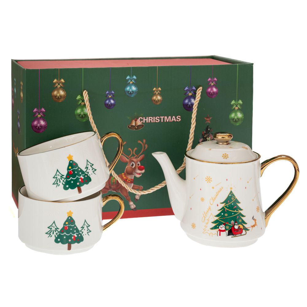 91614 ΣΕΤ 3 ΚΕΡΑΜΙΚΗ ΤΣΑΓΙΕΡΑ ΜΕ 2 ΚΟΥΠΕΣ ΜΕ ΧΡΙΣΤΟΥΓΕΝΝΙΑΤΙΚΟ ΣΚΗΝΙΚΟ ΣΕ ΚΟΥΤΙ - Image 1