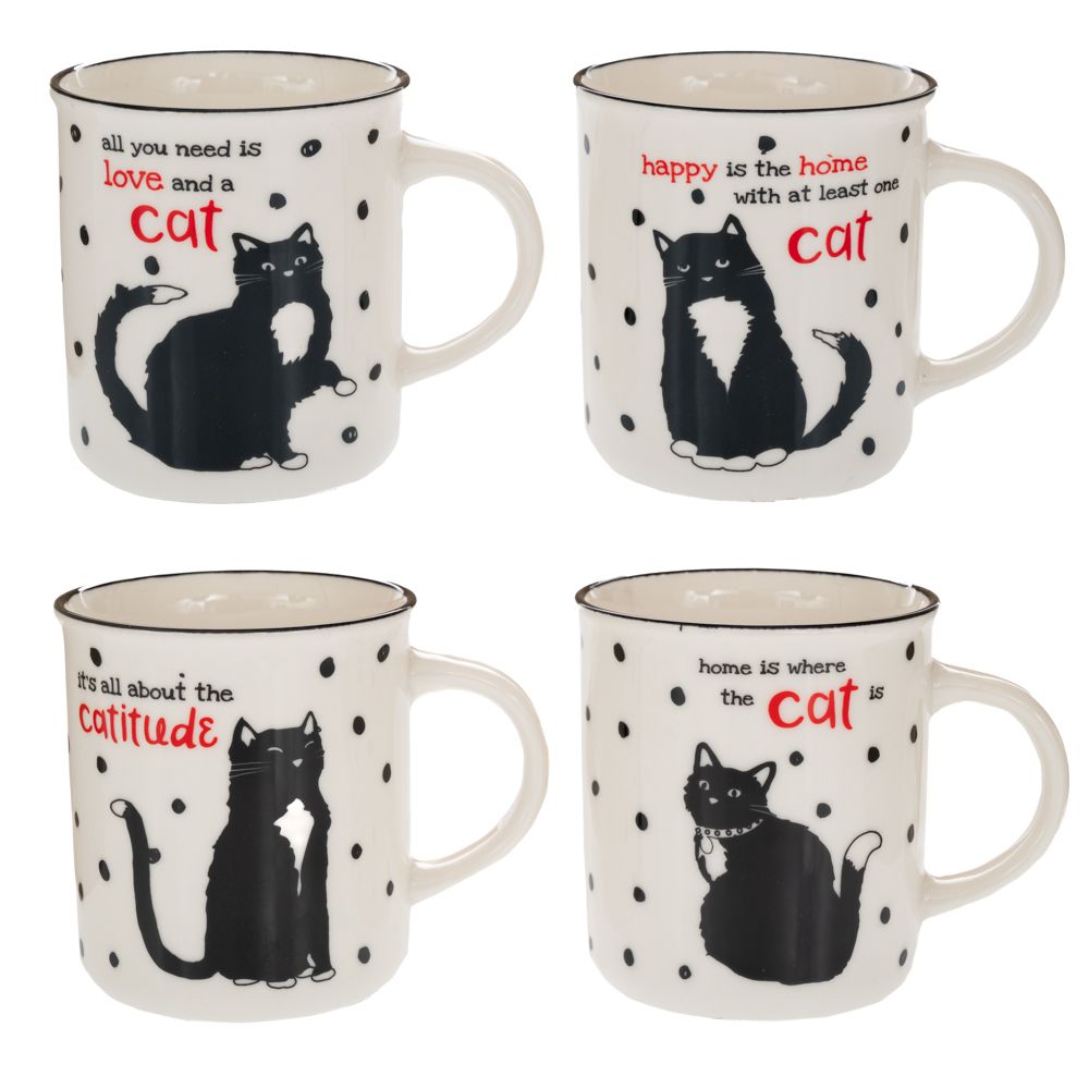 91626 ΑΣΠΡΟΜΑΥΡΗ ΚΕΡΑΜΙΚΗ ΚΟΥΠΑ ΜΕ ΦΙΓΟΥΡΑ ΓΑΤΑΣ 330ml 4 ΣΧΕΔΙΑ - Image 1