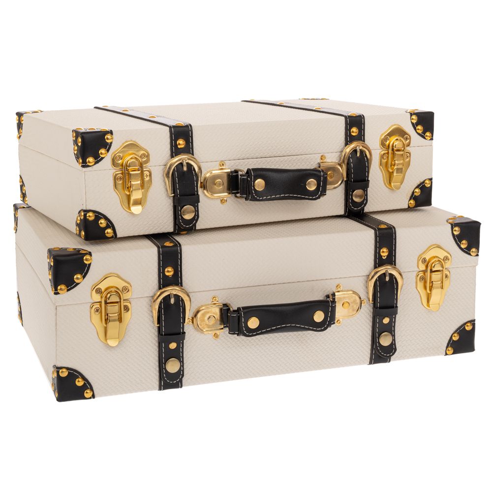 91664 ΣΕΤ 2 ΛΕΥΚΕΣ ΒΑΛΙΤΣΕΣ ΜΕ ΜΑΥΡΕΣ ΔΕΡΜΑΤΙΝΕΣ ΛΕΠΤΟΜΕΡΕΙΕΣ 45Χ15Χ30ΕΚ 40Χ10Χ25ΕΚ - Image 1