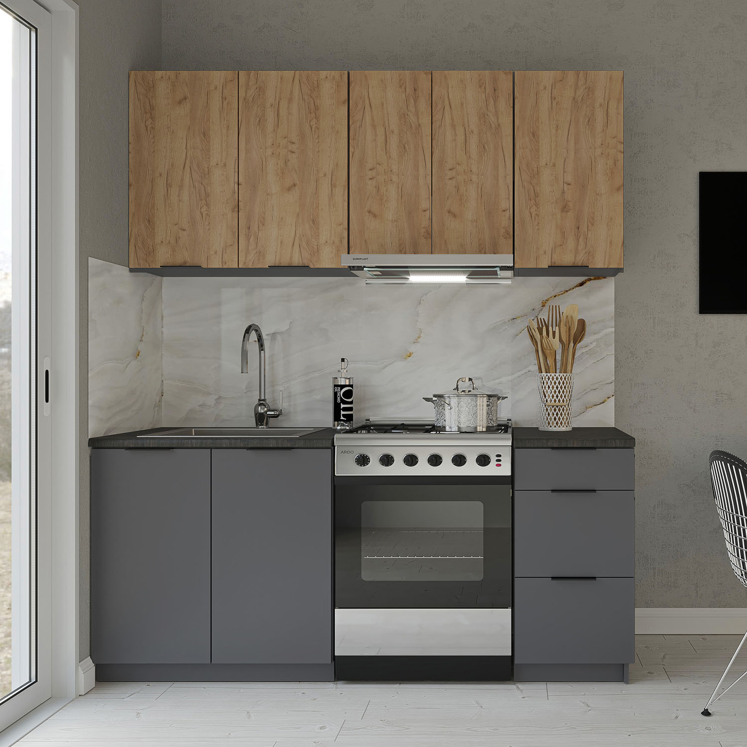 14912 Κουζίνα Samos Craft 5 Τεμαχίων Γραφίτης-Χρυσό Δρυς - Image 1