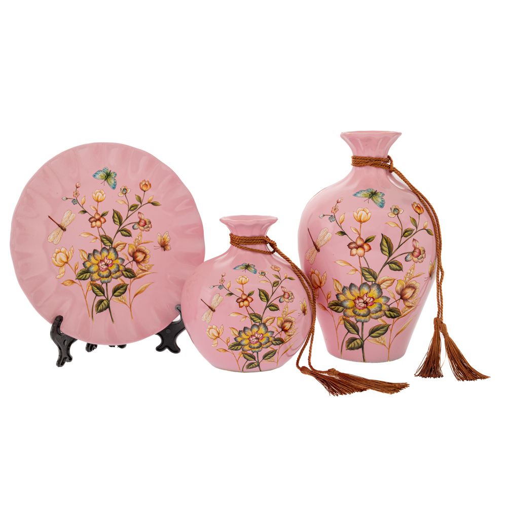 88566 ΣΕΤ 3 ΡΟΖ ΚΕΡΑΜΙΚΑ ΕΠΙΤΡΑΠΕΖΙΑ ΔΙΑΚΟΣΜΗΤΙΚΑ ΜΕ ΛΟΥΛΟΥΔΙΑ 14Χ14Χ22 13Χ13Χ15 20Χ20Χ2ΕΚ - Image 1