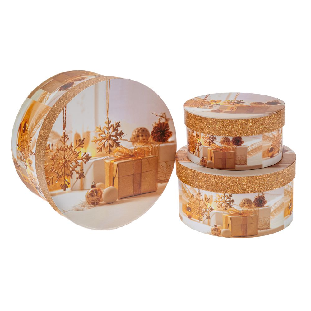 88836 ΣΕΤ 3 ΧΡΥΣΟ ΣΤΡΟΓΓΥΛΟ ΧΑΡΤΙΝΟ ΚΟΥΤΙ ΜΕ ΧΡΙΣΤΟΥΓΕΝΝΙΑΤΙΚΟ ΣΧΕΔΙΟ Φ21Χ11,5 Φ17Χ9 Φ14Χ7,5ΕΚ - Image 1