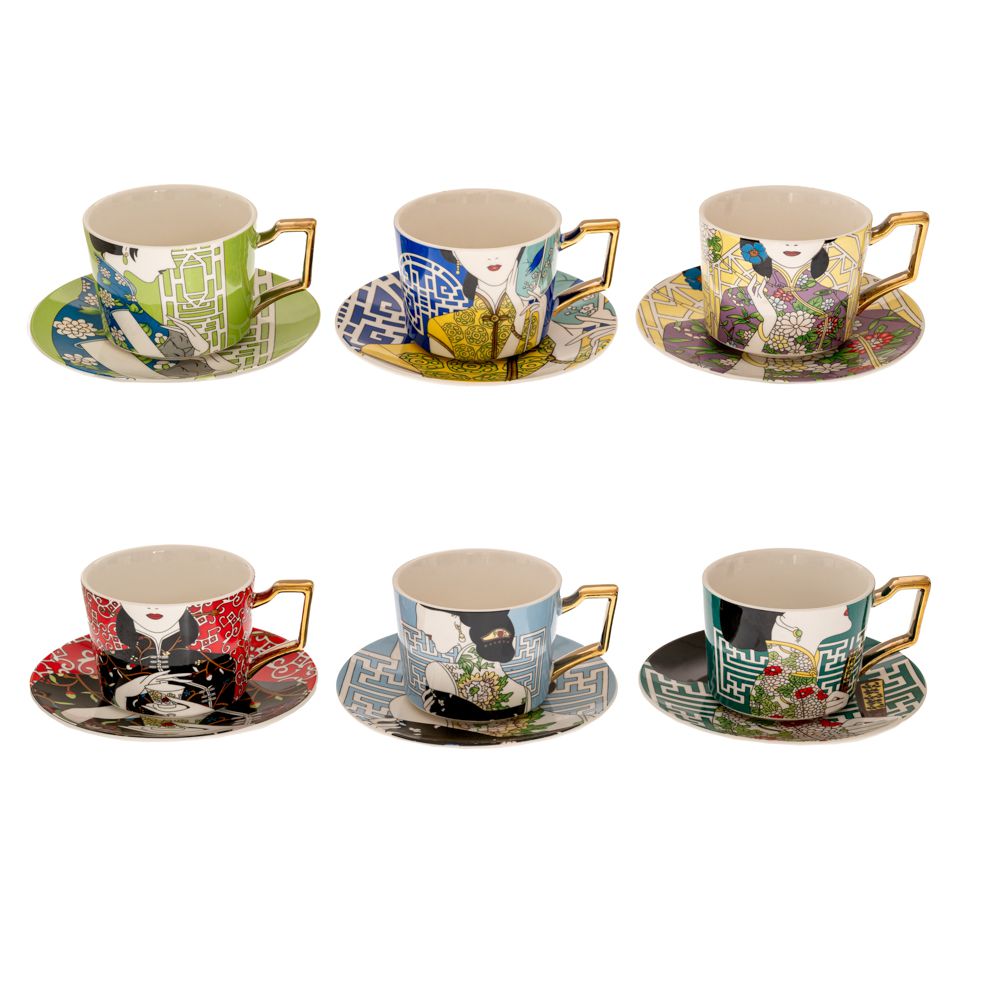 88879 ΠΟΛΥΧΡΩΜΗ ΚΕΡΑΜΙΚΗ ΚΟΥΠΑ ΜΕ ΠΙΑΤΑΚΙ ΚΑΙ ΚΙΝΕΖΙΚΗ ΦΙΓΟΥΡΑ 6 ΣΧΕΔΙΑ 8.5Χ6.5ΕΚ 220ml. - Image 1