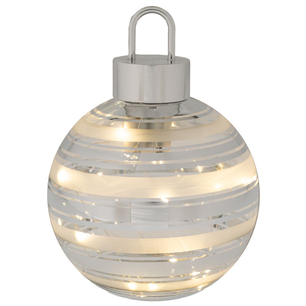 90924 ΛΕΥΚΗ ΓΥΑΛΙΝΗ ΜΠΑΛΑ ΜΕ ΑΣΗΜΙ ΡΙΓΑ ΚΑΙ LED ΦΩΣ Φ15ΕΚ ΜΠΑΤΑΡΙΑΣ - Image 1