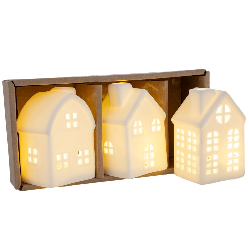 94248 ΣΕΤ 3 ΛΕΥΚΑ ΚΕΡΑΜΙΚΑ ΣΠΙΤΑΚΙΑ ΜΕ LED ΦΩΣ 6Χ5Χ9ΕΚ ΜΠΑΤΑΡΙΑΣ - Image 1