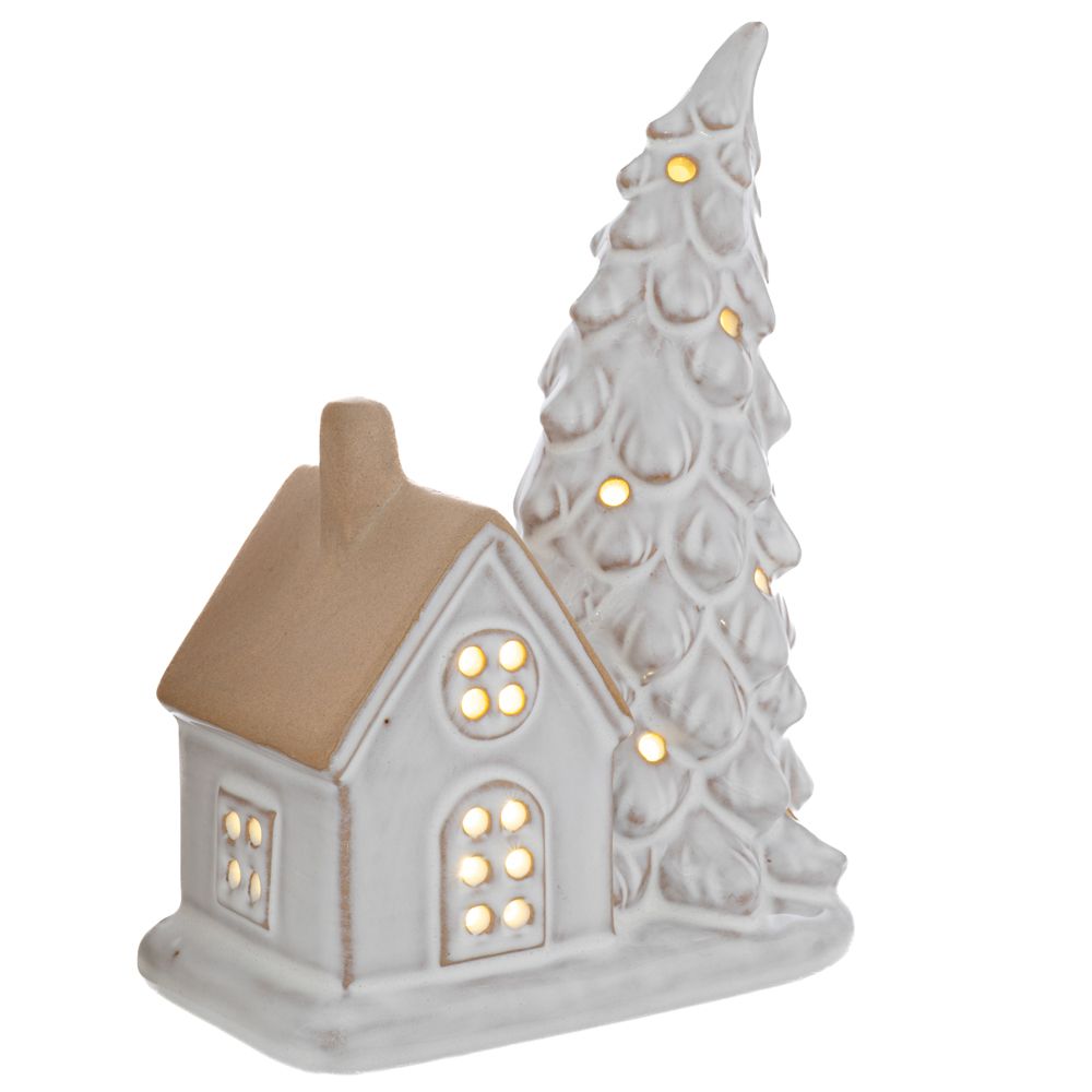 94299 ΛΕΥΚΟ ΚΕΡΑΜΙΚΟ ΣΠΙΤΑΚΙ ΜΕ ΔΕΝΤΡΟ ΚΑΙ LED ΦΩΣ 14Χ9Χ18ΕΚ ΜΠΑΤΑΡΙΑΣ - Image 1